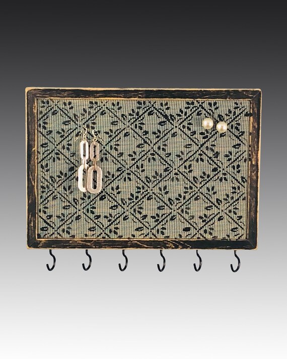 Stud Earring Holder | Wood Frame Necklace Holder | Mesh Earring Organizer | Hanging Jewelry Storage | Hand Painted Diamond Design