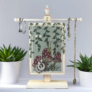 Boho Chic Pierced Earring Holder | Hand Painted Wood Frame Jewelry Organizer & Table Top Necklace Stand with MUSHROOMS Design