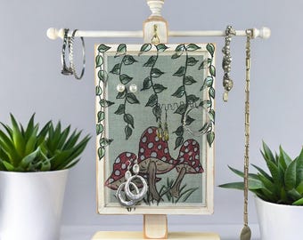 Boho Chic Pierced Earring Holder | Hand Painted Wood Frame Jewelry Organizer & Table Top Necklace Stand with MUSHROOMS Design