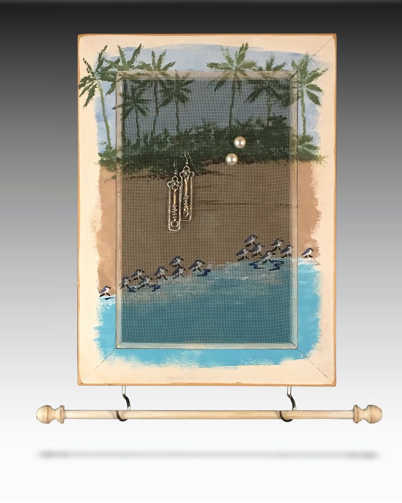 Wall Mounted Jewelry Organizer Wood Frame Necklace Holder Shabby Chic Earring Mesh Hand Painted Design