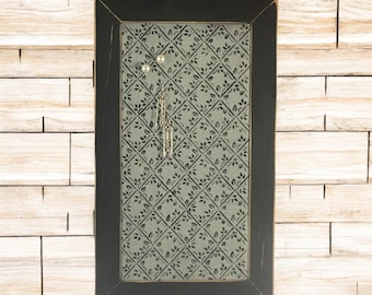 Shabby Chic Earring Holder | Wall Mounted Jewelry Cabinet |  Wood Frame Jewelry Organizer | Necklace Holder | Diamond Design | Womens Gift