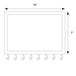 May include: A rectangular wall-mounted organizer featuring a black outline frame with eight evenly spaced hooks along the bottom edge. The diagram indicates a width of 10 inches and a height of 7 inches, providing clear dimensions for the object.