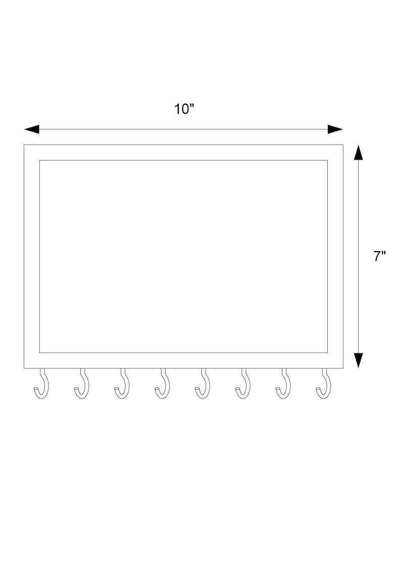 May include: A rectangular wall-mounted organizer featuring a black outline frame with eight evenly spaced hooks along the bottom edge. The diagram indicates a width of 10 inches and a height of 7 inches, providing clear dimensions for the object.