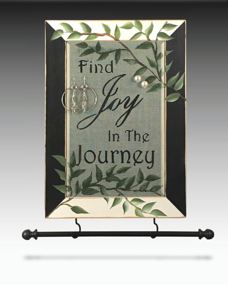 Hanging Earring Display Hand Painted JOY Design Necklace Holder Wood Frame Jewelry Organizer Shabby Chic Earring Holder