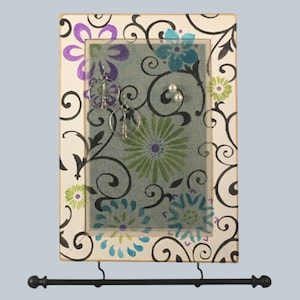 Hanging Jewelry Organizer | Stud Earring Holder | Wood Frame Jewelry Storage | Earring Organizer | Hand Painted FLORAL SCROLL Design