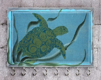 Stud Earring Holder | Wood Frame Necklace Holder | Mesh Earring Organizer | Hanging Jewelry Storage | Hand Painted SEA TURTLES Design