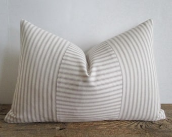 Lumbar Pillow Cover Light Grey Ticking Vertical & Horizontal Stripes Zipper