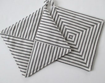 Pair Potholders Ticking Stripes Black & White Mitered Pinwheel Quilted French Farmhouse Decor Hostess Gift