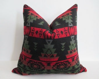 Pillow Cover 18 x 18 Aztec Navajo Tribal Jewel Tones on Black Poly Wool Blend Super Soft Invisible Zipper