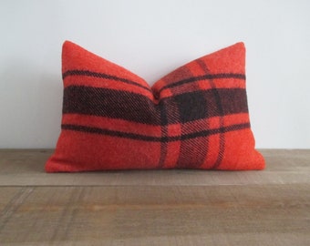 Wool Blanket Pillow Cover Red w/ Black Stripes Zipper 12 x 18 Lumbar