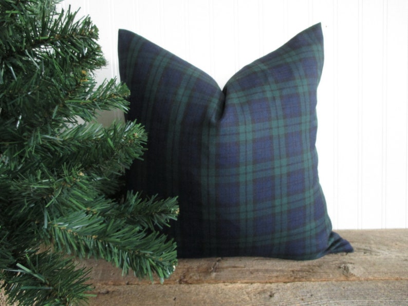 Pillow Cover Black Watch Tartan Plaid Both Sides Dark Navy Blue Green Black Zipper Christmas image 1