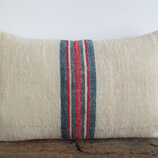 Lumbar Pillow Cover Authentic Grain Sack Blue Red Stripes Fawn Ticking Zipper