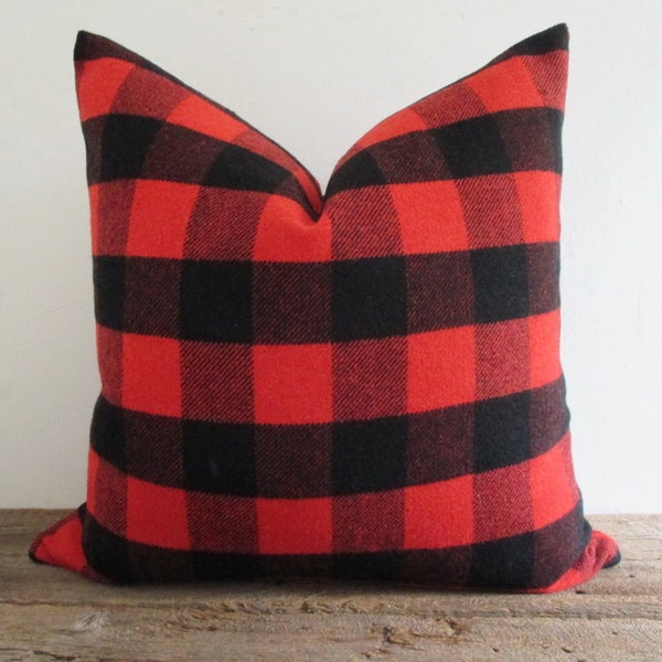 Wool Pillow Cover Buffalo Check Red Black Lumberjack Zipper