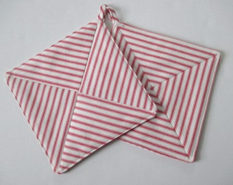Pair Potholders Ticking Stripes Red & Cream Mitered Pinwheel Quilted French Farmhouse Decor Hostess Gift