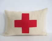 Lumbar Ivory Wool Blanket 12 x 18 Pillow Cover Red Swiss Cross