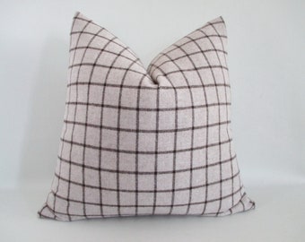 Wool Pillow Cover Windowpane Plaid Zipper 18 x 18 Greige Beige Grey