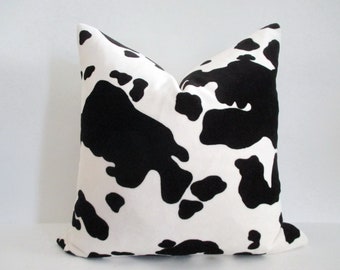 Pillow Cover Cow Print Cotton Velveteen Black Cream Both Sides Invisible Zipper