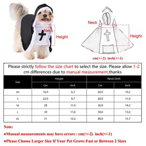 以下が含まれることがあります： 黒と白の修道女の衣装を着た犬。フードと胸に十字架が付いています。画像には、XSからXLまでのサイズの測定値がセンチメートルとインチで示されたサイズチャートが含まれており、高さと首回りの測定値が記載されています。