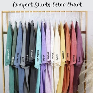 May include: A color chart of Comfort Shirts displayed on hangers. The shirts are in various colors, including light green, blue jean, black, violet, and mustard. The text "Comfort Shirts Color Chart" is at the top.