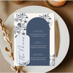 Descarga de plantilla de menú de boda, plantilla de menú, tarjetas de menú de boda, flores azules, menús de boda, minimalista, menú de cena, descarga instantánea