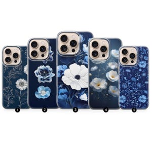 Navy blue floral aesthetic phone case for iPhone 16 pro, 15, 14, 13, 12, 11, Samsung 24fe, s23, s22, s21, a16, a15, Google Pixel 9 Pro XL