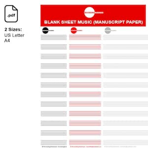 Könnte beinhalten: Leeres Notenpapier mit schwarzen und roten Notenlinien. Das Bild enthält den Text "BLANK SHEET MUSIC (MANUSCRIPT PAPER)" und die Optionen für die Größen US Letter und A4.