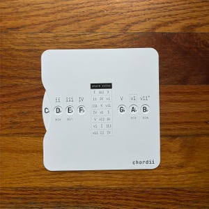 May include: A white card with musical chord diagrams and the text "chord notes." The card features the text "chordii" at the bottom. The card is on a wooden surface.