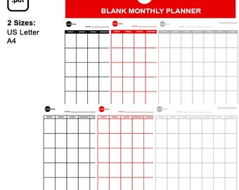 Blank Monthly Planner Printable PDF (US Letter & A4 Size) Full Calendar Month Planner