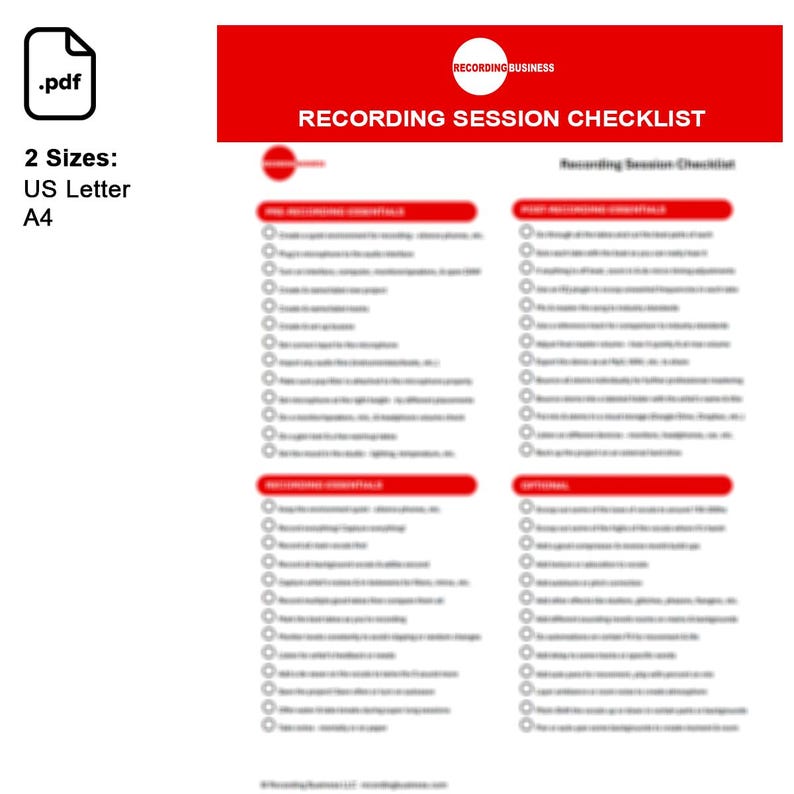 Record Checklist Examples Recording Session Checklist Printable PDF (US Letter & A4 Size) - Etsy