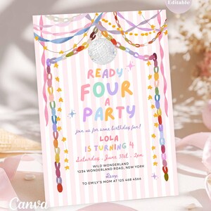 Pode incluir: Um modelo de convite de aniversário retangular com fundo listrado rosa e branco, uma bola de discoteca e correntes de papel coloridas. O texto diz: READY FOUR A PARTY, join us for some birthday fun! LOLA IS TURNING 4, Saturday, June 31st, 2pm, WILD WONDERLAND, 1234 WONDERLAND ROAD, NEW YORK, Rsvp TO EMILY'S MOM AT 125 468 4566.