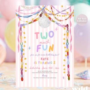 Girl Two much Fun Whimsical Disco Fancy 2nd Birthday Party Invitation Canva Template DC75 (1-2)