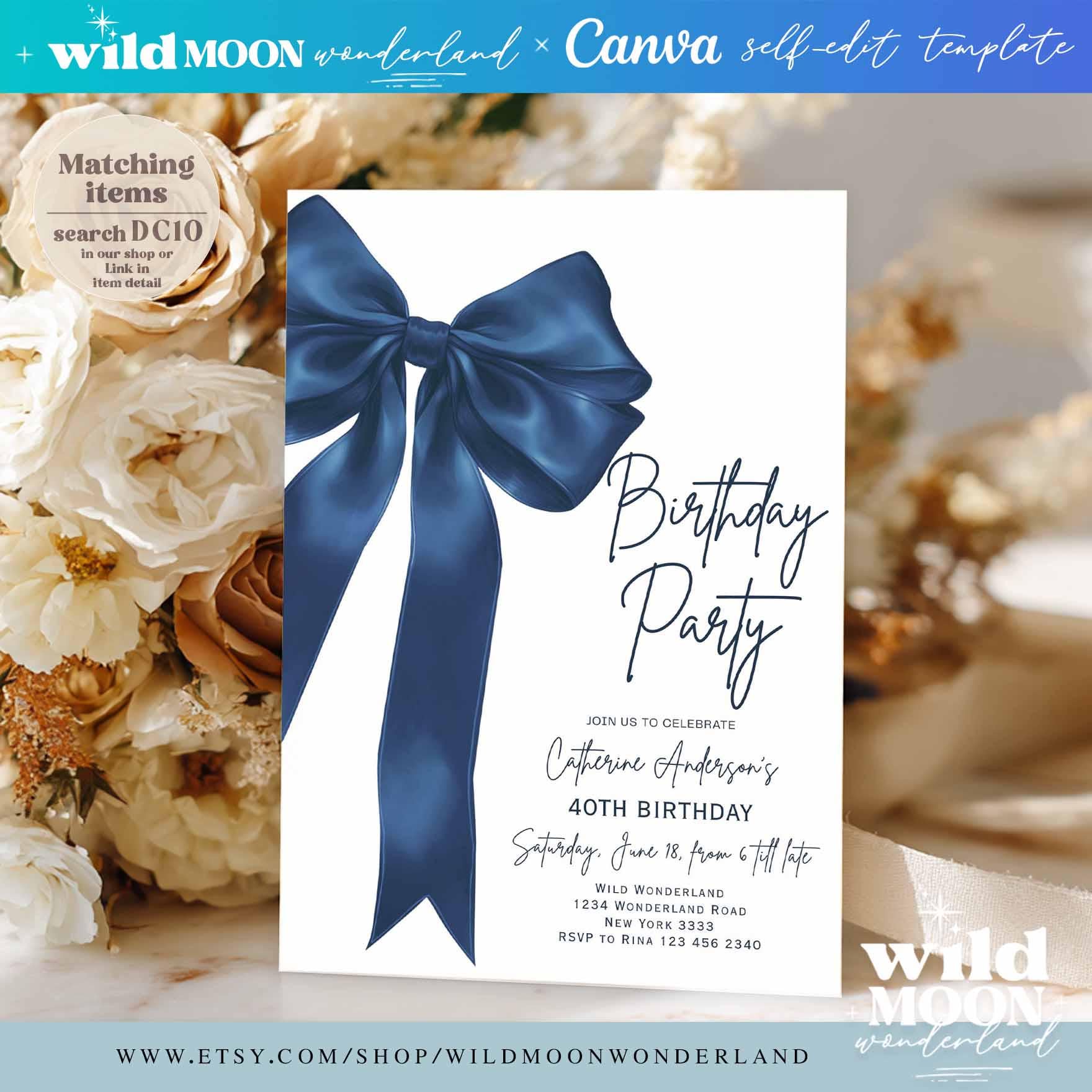 Minimalist Pastel Navy Blue Bow Birthday Invitation ANY AGE Elegant minimalist-pastel-navy-blue-bow-birthday-invitation-any-age-elegant