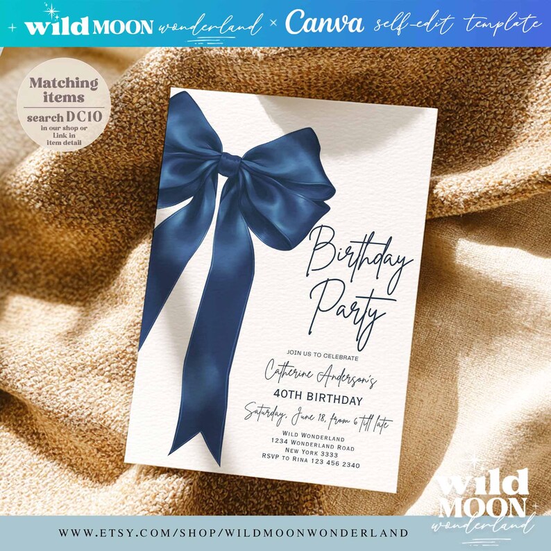 Minimalist Pastel Navy Blue Bow Birthday Invitation ANY AGE Elegant minimalist-pastel-navy-blue-bow-birthday-invitation-any-age-elegant
