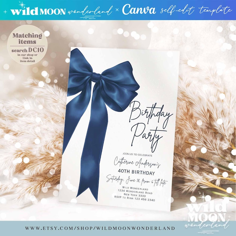 Minimalist Pastel Navy Blue Bow Birthday Invitation ANY AGE Elegant minimalist-pastel-navy-blue-bow-birthday-invitation-any-age-elegant
