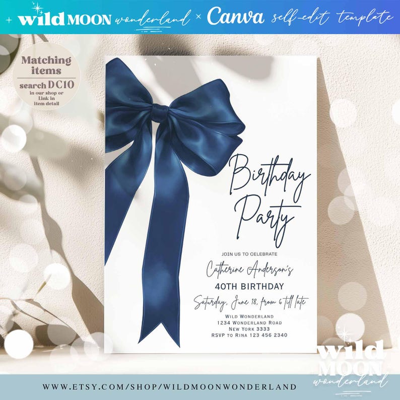 Minimalist Pastel Navy Blue Bow Birthday Invitation ANY AGE Elegant minimalist-pastel-navy-blue-bow-birthday-invitation-any-age-elegant