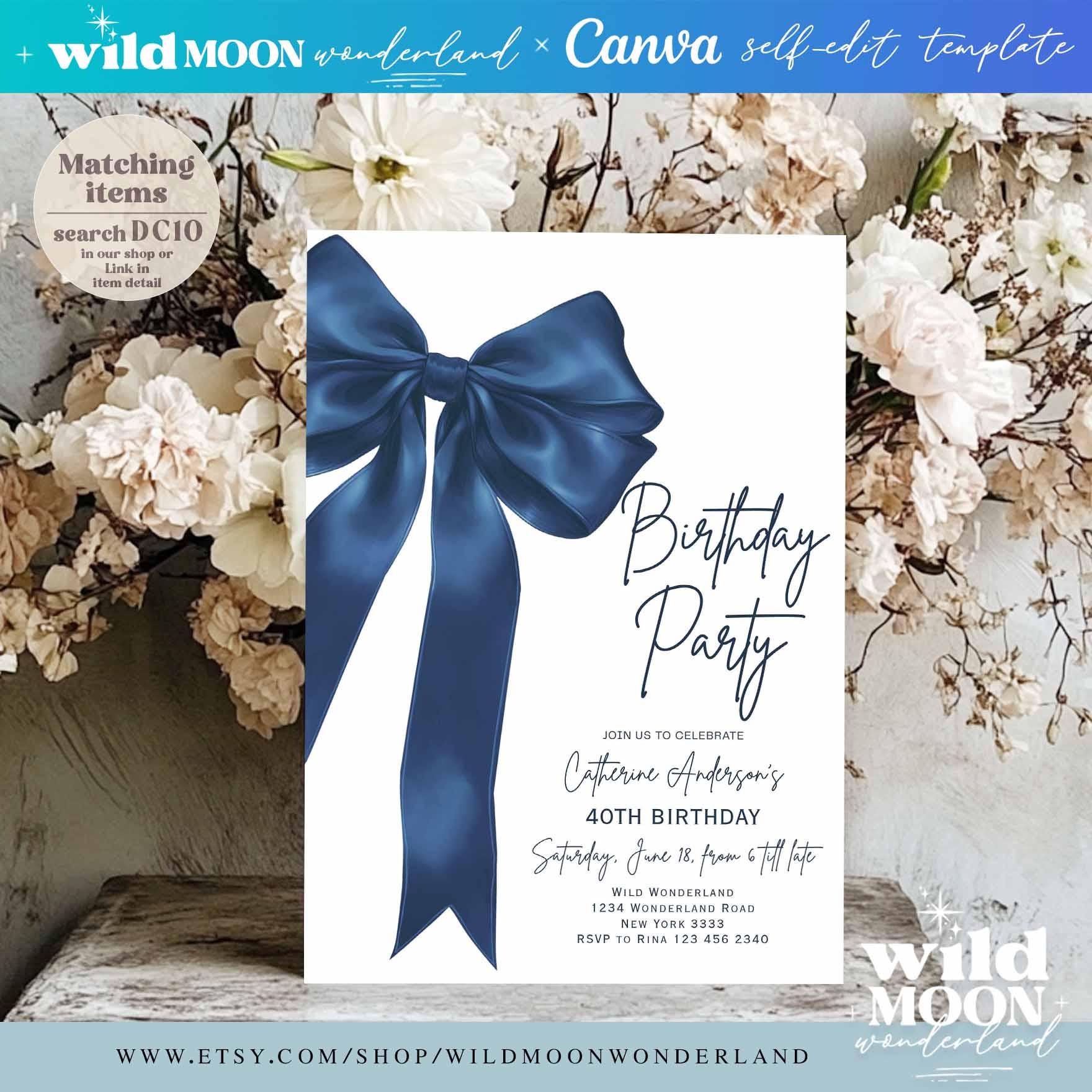Minimalist Pastel Navy Blue Bow Birthday Invitation ANY AGE Elegant minimalist-pastel-navy-blue-bow-birthday-invitation-any-age-elegant
