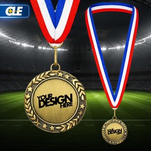 May include: Two gold-colored medals with red, white, and blue ribbons. The medals have a laurel wreath design around the edge and the text "YOUR DESIGN HERE" in the center. The background is a blurred image of a stadium.