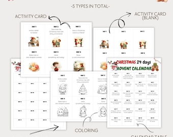 Puede incluir: Un calendario de adviento navideño con 24 días de actividades. La imagen muestra diferentes tarjetas de actividades, incluyendo páginas para colorear y tablas de calendario en blanco. El texto dice "24 Days Christmas Advent Calendar".
