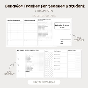 May include: A digital download of a behavior tracker for teachers and students. The printable document includes sections for behavior observation, communication logs, and reflection questions. The text includes "Behavior Tracker" and "Digital Download".