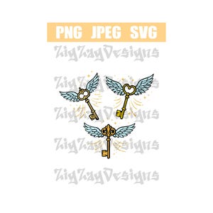 May include: Three gold-colored keys with light blue wings and a heart-shaped keyhole design. The keys are surrounded by golden sparkles. The image also includes the text "PNG JPEG SVG" and "ZigZagDesigns".