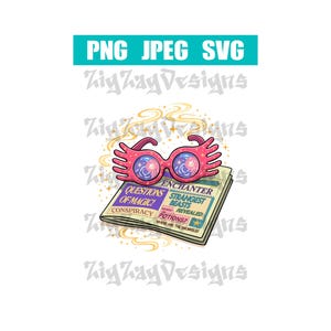 May include: Pink, whimsical glasses with star-shaped frames rest atop a newspaper with the headline "Enchanter." The newspaper features articles on magic, strange beasts, and potions. The image includes the text "PNG JPEG SVG" and "Zig Zag Designs."