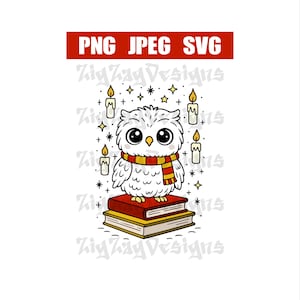 May include: A cartoon owl with large eyes wearing a red and gold scarf, perched on two books. The owl is surrounded by candles and stars. The image includes the text "PNG JPEG SVG" in a red rectangle.