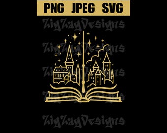 May include: A gold-colored line art illustration on a black background. The design features a castle, a wand, stars, and an open book. The text "PNG JPEG SVG" is at the top, and "ZigZagDesigns" is written below the image.