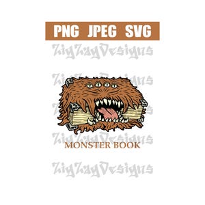 May include: A brown monster illustration with multiple eyes and sharp teeth, holding a stack of books. The text "MONSTER BOOK" is below the monster. The image also includes the text "PNG JPEG SVG" and "Zig Zag Designs".
