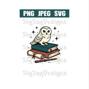 May include: A cartoon illustration featuring a white owl perched atop two books and a scroll. A wand lies below. The image includes the text "PNG JPEG SVG" in a green rectangle and the text "ZigZag Designs".