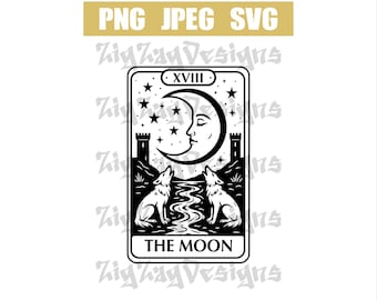 May include: Black and white tarot card design featuring a crescent moon with a face, stars, and two wolves howling at the moon. The card is labeled "THE MOON" and "XVIII".