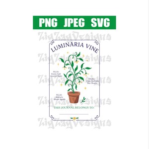 May include: Digital illustration of a Luminaria Vine in a brown pot, with green leaves and yellow flowers. The image includes text that reads "PNG JPEG SVG" and "Luminaria Vine". Additional text describes the vine's properties.