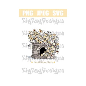 May include: A digital illustration of a stone fireplace overflowing with envelopes. The envelopes are cream-colored with red wax seals. Text at the bottom reads "Send More Owls." The image also includes the text "PNG JPEG SVG" and "ZigZag Designs."