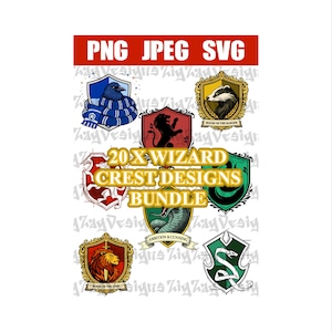 May include: A collection of 20 wizard crest designs in PNG, JPEG, and SVG formats. The designs feature various house crests with animals and text, including a raven, badger, lion, and snake. The bundle is ideal for digital crafting.