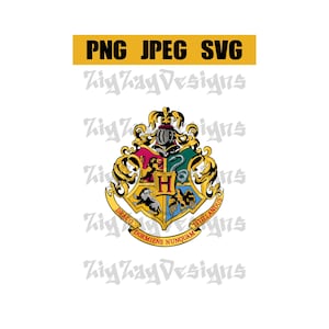 May include: A gold crest with a red, yellow, blue, and green shield. The shield has a lion, an eagle, a badger, and a snake. The crest has the text "Draco Dormiens Nunquam Titillandus" and a letter "H" in the center.